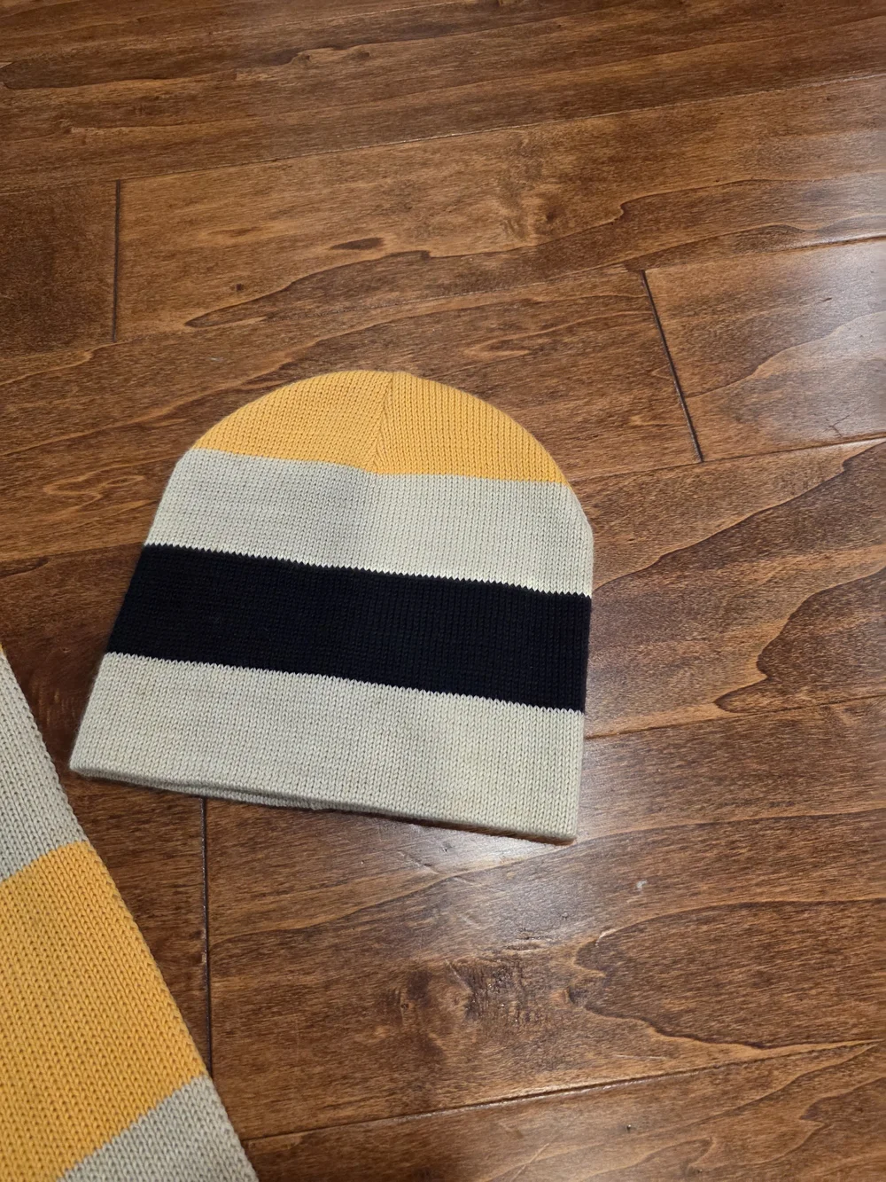 Nautica Yellow Cream & Black Striped Knit Scarf and Beanie Set